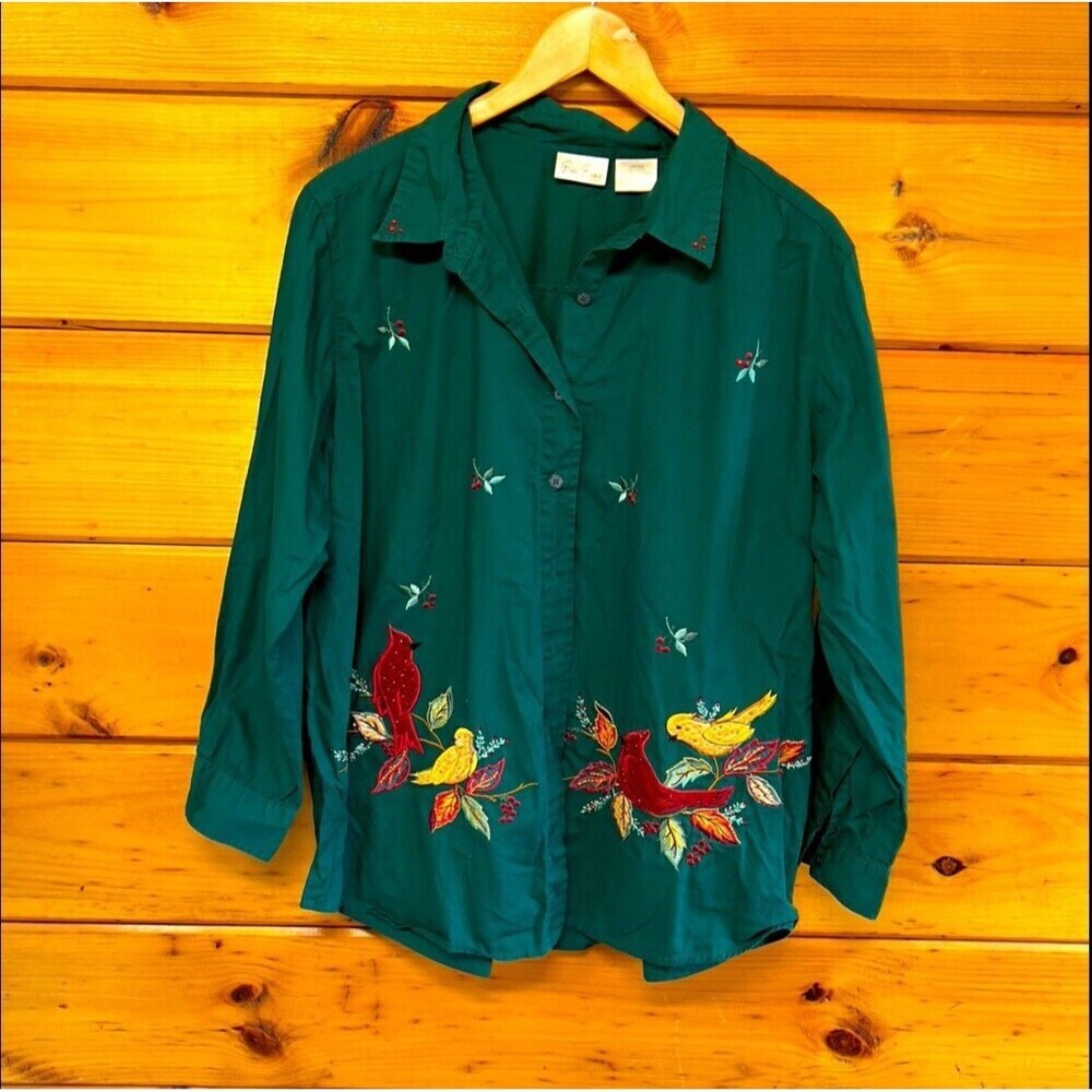 Bobbi Brooks women's 14W/18W blouse Christmas theme button up long sleeve beaded